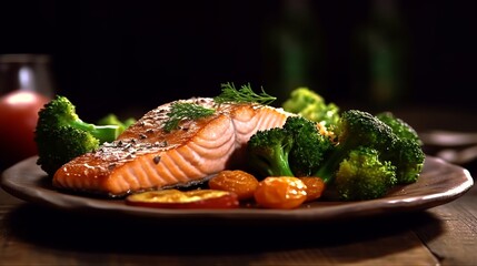 Grilled salmon fillet with vegetables on a plate on a wooden table