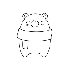 A bear is wearing a scarf and looking sad