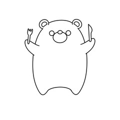 A bear is holding a fork and knife in its mouth. The bear is smiling and he is enjoying its meal