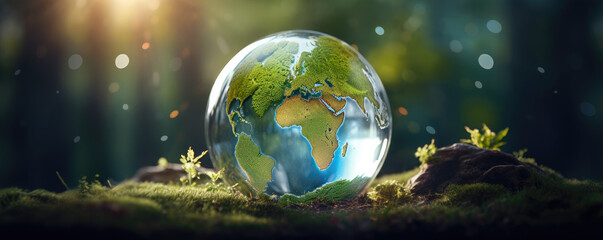 Obraz na płótnie Canvas Tree and earth map growth inside globe glass, blurred bokeh nature background. Environment day, save clean planet, ecology concept design.