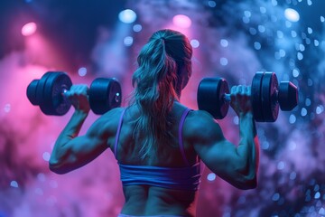 Woman Performing Dumbbell Press Up Exercise - obrazy, fototapety, plakaty