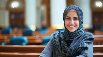 Professional photography of a young female lawyer wearing a hijab, smiling in a courtroom background