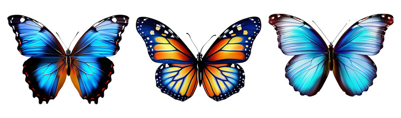 Beautiful butterflies with blue, yellow, and orange hues gracefully in flight, isolated against a transparent background. Made with generative AI technology