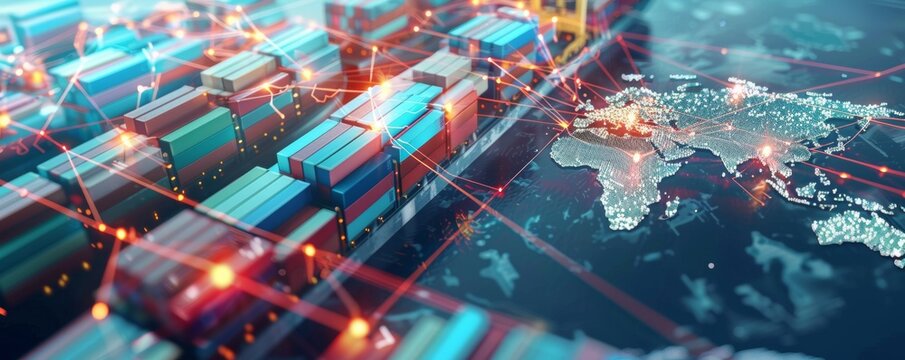 Global logistics network visual with AI-optimized routes
