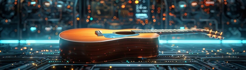 Acoustic guitar, Music instrument conception, futuristic background - obrazy, fototapety, plakaty