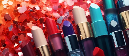 A detailed view of various lipstick shades in a group, set against a backdrop of heart patterns