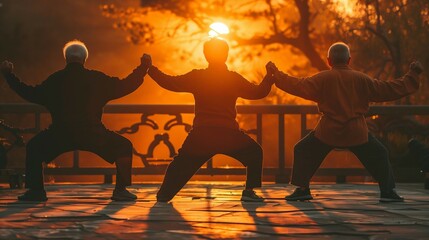 A group of elderly people practicing Tai Chi in the park at sunset,orange and yellow tones.