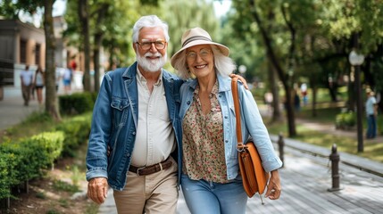 A happy senior couple walk in the park, dressed stylishly for travel,hairstyles and accessories.