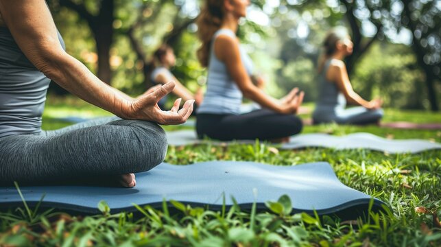 A group of women do yoga in the park,with a lotus pose printed on blue yoga mats. - Powered by Adobe