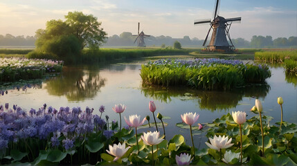 Springtime Oasis Dutch Windmills Tranquil Retreat