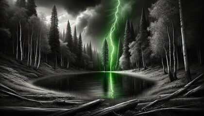 Surreal black and white forest landscape with a striking green lightning bolt over a calm lake, perfect for dramatic nature and fantasy themes - obrazy, fototapety, plakaty