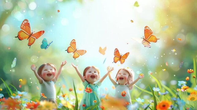 Children catching butterflies background banner for children's day concept 4K video