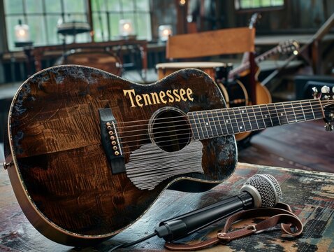 Vintage Tennessee acoustic guitar in a rustic setting, ideal for music, culture, and southern American lifestyle representations