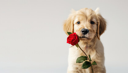 golden retriever puppy with red rose flowers, gray background copy space, mother's day, love,...