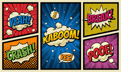Comic cartoon colorful background with speech bubble set expression