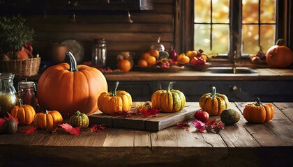  autumn kitchen, a wood table with plenty of copy space,pumpkin and pumpkins a rustic charming pumpkin decorations that evoke the spirit of the season. - obrazy, fototapety, plakaty