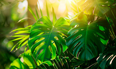 Exotic tropical monstera leaves illuminated by summer tropical sun, blurred background. - obrazy, fototapety, plakaty