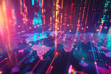 Obraz premium Digital abstract background with glowing graphs and map of digital continents