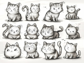 Set of cats in doodle style, Generative AI.