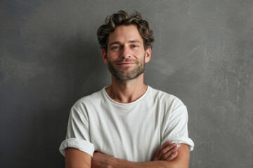 Portrait of handsome man with crossed arms standing against grey wall. - obrazy, fototapety, plakaty