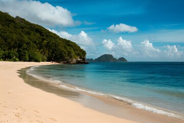 Fototapeta na wymiar Calm and beautiful empty beach, tranquil seascape with golden sand