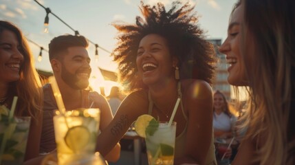 Happy multiethnic friends having fun together, drinking mojitos and laughing at outdoor bar at rooftop party, wearing hawaiian style dopamine color clothes, sunny color background, - obrazy, fototapety, plakaty