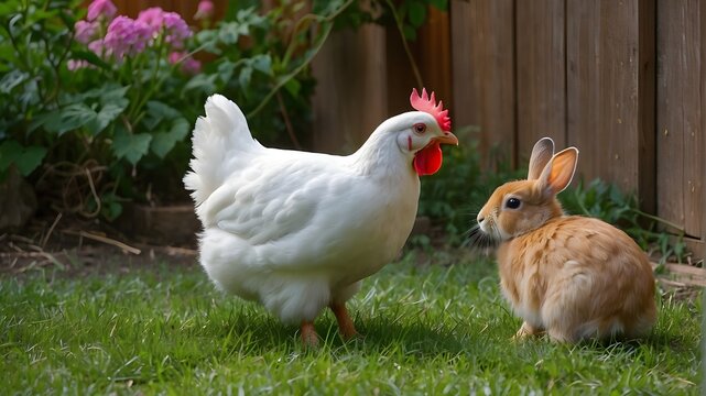 A hen and a rabbit in the yard