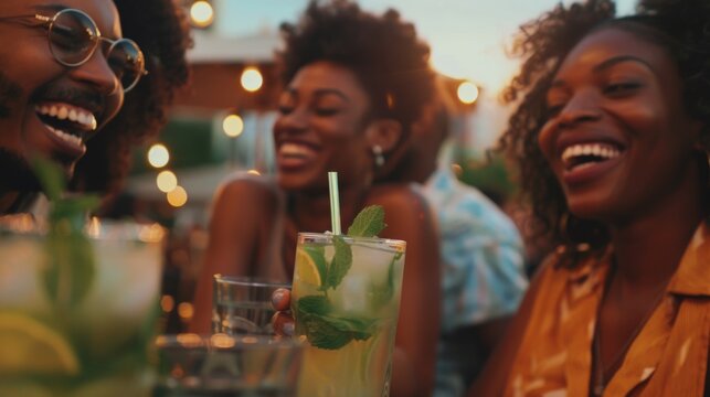 Happy multiethnic friends having fun together, drinking mojitos and laughing at outdoor bar at rooftop party, wearing hawaiian style dopamine color clothes, sunny color background,