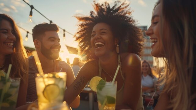 Happy multiethnic friends having fun together, drinking mojitos and laughing at outdoor bar at rooftop party, wearing hawaiian style dopamine color clothes, sunny color background,