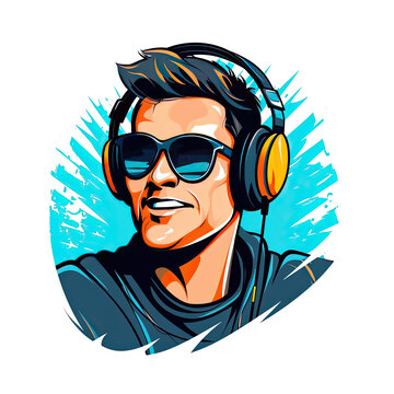 A logo of a man with glasses listening to music using headphones