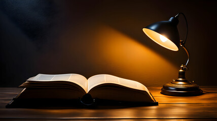 An open book illuminated by a classic desk lamp on wooden table in dark room

