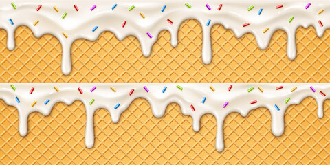 Realistic ice cream melting drip with candy sprinkles on wafer background. 3d vector molten syrup texture with drops on waffle cone. White sweet liquid splashes, glossy border with dripping droplets - 774570725