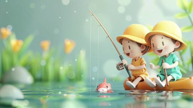 Children fishing banner background for children's day concept 4K video