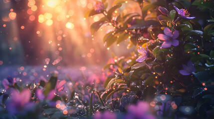 The soft glow of dawn breaking over a peaceful garden, the dewy petals and leaves capturing the...