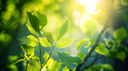 Sunlight filtering through new leaves on a tree, the light green hues symbolizing growth and new beginnings for Easter.