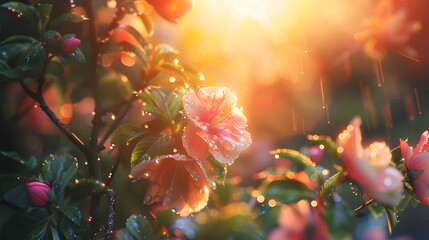 The soft glow of dawn breaking over a peaceful garden, the dewy petals and leaves capturing the...