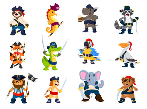 Cartoon funny animals and sea pirate characters, captain corsairs and sailors, vector personages. Caribbean pirate animals, lion in tricorne, parrot buccaneer in corsair bandana and bear with eyepatch