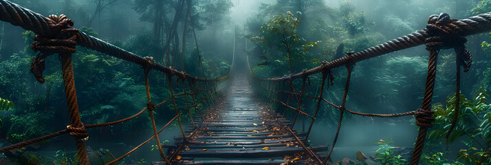 Archaic Suspension Bridge Crossing the Jungle,
A wooden walkway in the forest with a rope bridge in the middle
 - obrazy, fototapety, plakaty