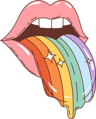 Cartoon hippie groovy lips with rainbow. Isolated vector pink female open mouth with colorful sticking trippy tongue, hinting at psychedelic experience or drug trip in nostalgic 60s or 70s hippy style - 774571121