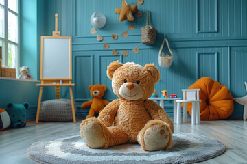 A plush teddy bear sitting on the floor in front of an easel with children's toys and decorations, creating a cozy playroom background. The room features blue walls and wooden floors. Created with Ai