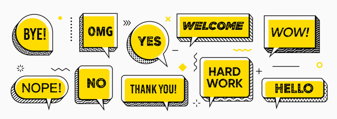 Yellow Memphis speech bubbles isolated vector set. Dialog chat clouds featuring bold lines and grunge typography font words. Bye, nope, omg, no, yes and thank you. Welcome, hard work, wow or hello