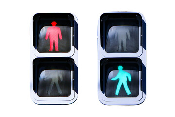 Traffic lights with green or red light lit. Sign or symbol pedestrians not allowed crossing road...