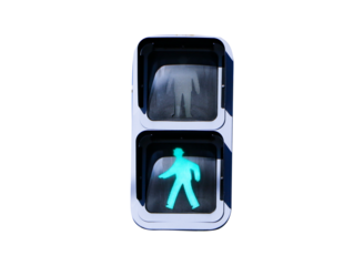 Traffic lights with green light lit. Sign or symbol pedestrians allowed crossing road isolated on cut out PNG or transparent background. For safety with people passing by.