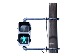 Traffic lights with green or red light lit. Sign or symbol pedestrians not allowed crossing road attached to steel poles and beams isolated on cut out PNG or transparent background. Safety with people