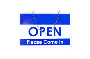 Fototapeta premium Blue and white plastic sign or symbol letter Open Please come isolated on cut out PNG or transparent background. Attention and alert. 