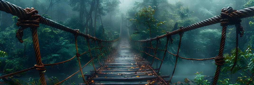 Archaic Suspension Bridge Crossing the Jungle,
A wooden walkway in the forest with a rope bridge in the middle
