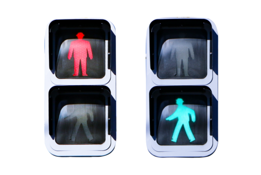 Traffic lights with green or red light lit. Sign or symbol pedestrians not allowed crossing road isolated on cut out PNG or transparent background. Safety with people to travel.