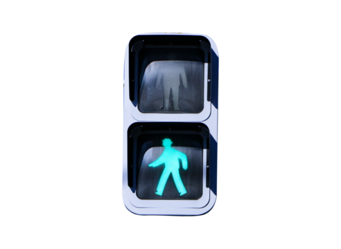 Traffic lights with green light lit. Sign or symbol pedestrians allowed crossing road isolated on cut out PNG or transparent background. For safety with people passing by.
