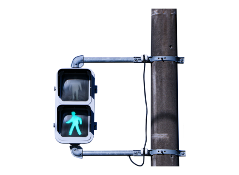 Traffic lights with green or red light lit. Sign or symbol pedestrians not allowed crossing road attached to steel poles and beams isolated on cut out PNG or transparent background. Safety with people