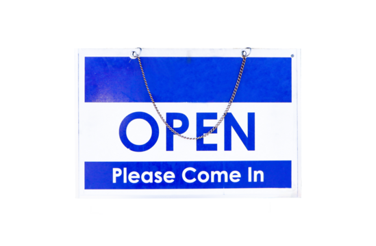 Blue and white plastic sign or symbol letter Open Please come isolated on cut out PNG or transparent background.  Attention and alert. 